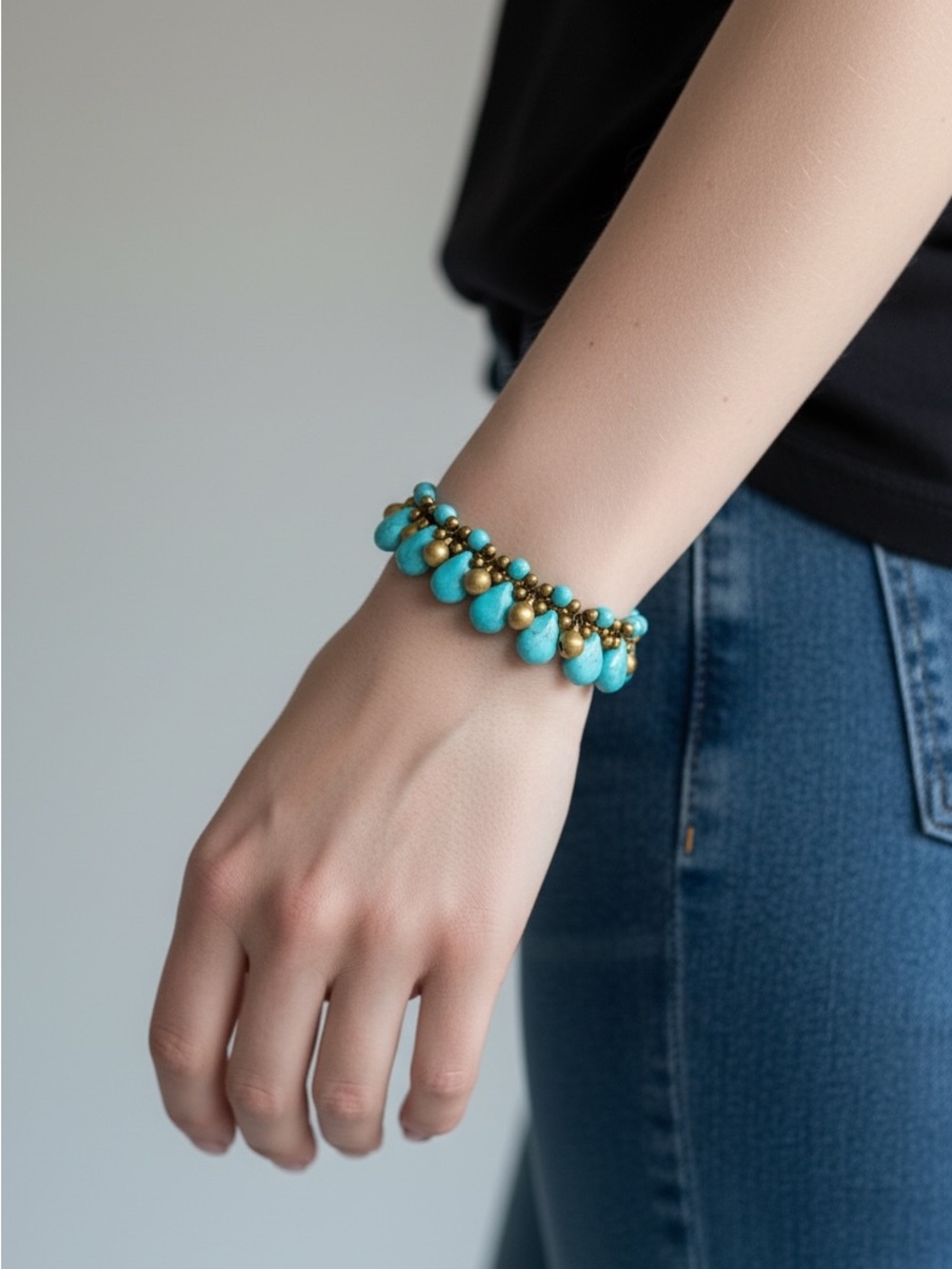 10/1 Turquoise Bead & Gold Accent Stretch Bracelet - Women Jewelry